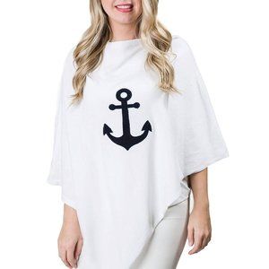 Women’s Nautical Poncho, NWT, White with Navy Anchor,Fine Gauge Knit, One Size.
